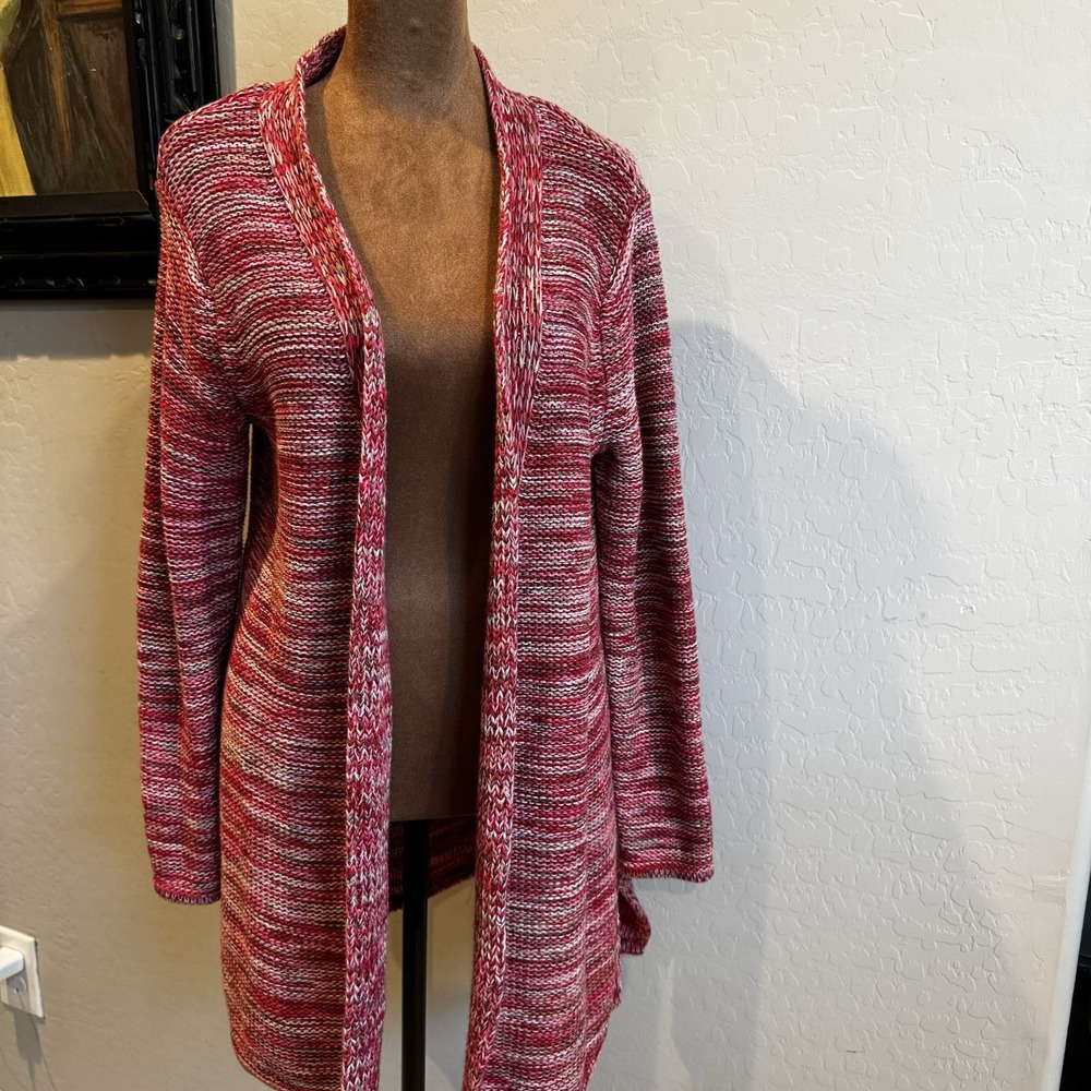 J. Jill Women's Midi Red/Pink/Tan Marled‎ Open Cardigan Med Petite